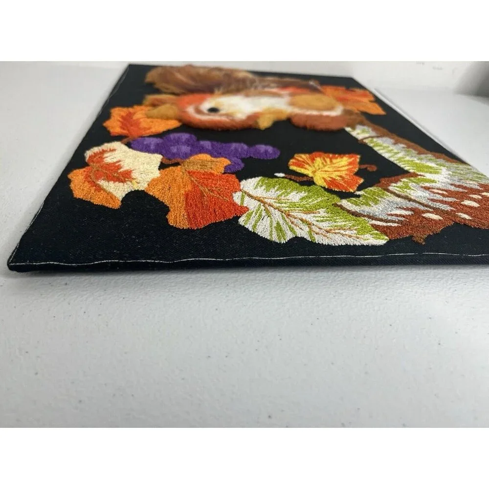 Vtg Handmade Crewel Embroidered Fall‎ Squirrel Leaves Picture Unframed Vibrant